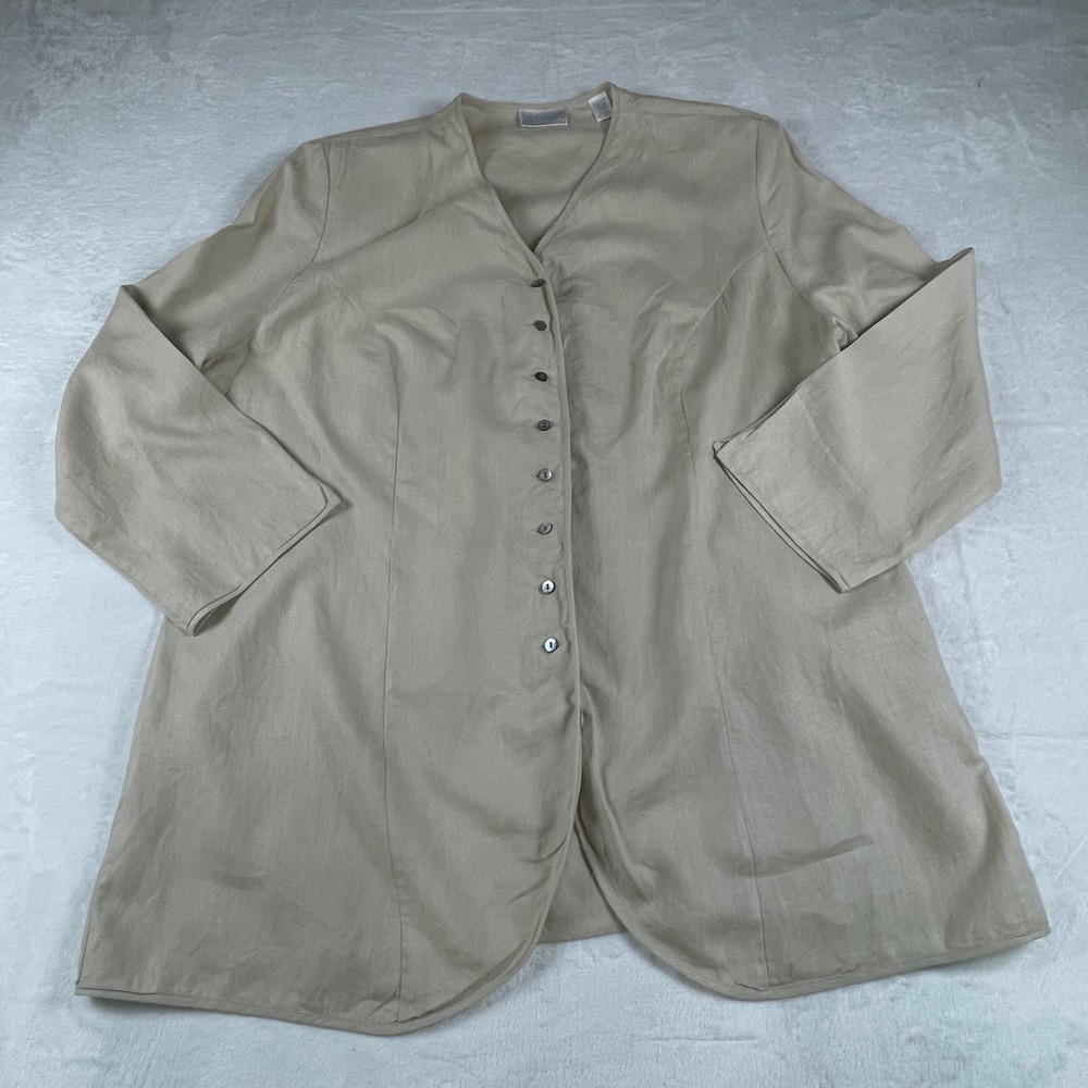 Lord & Taylor 100% Linen Button Front Tunic Top Beige Plus Size 20W Long Sleeve